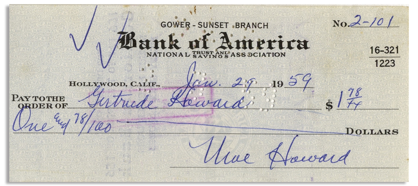 Moe Howard Lot of Two Checks Signed, Both Made Out to Shemp's Wife Gertrude Howard -- Dated 3 August 1956 and 29 January 1959 -- Very Good Condition